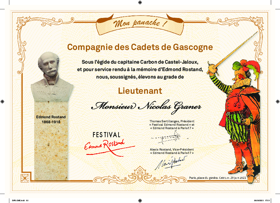 diplôme de lieutenant dans la compagnie des cadets de Gascogne, délivré à Nicolas Graner le 6 juin 2023 pour service rendu à la mémoire d'Edmond Rostand