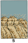 Image 5 : Sous une pluie battante, des reliefs montagneux sur lesquels on devine des couches stratigraphiques.