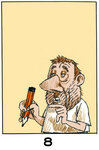 Image 8 : Un homme mal rasé tient un gros crayon dans la main droite, et tend l'index de la gauche. Il semble en train de parler.