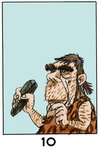 Image 10 : Un homme préhistorique couvert d'une peau de léopard tient un silex ou un bout de graphite dans la main droite, en tendant l'index de la gauche.